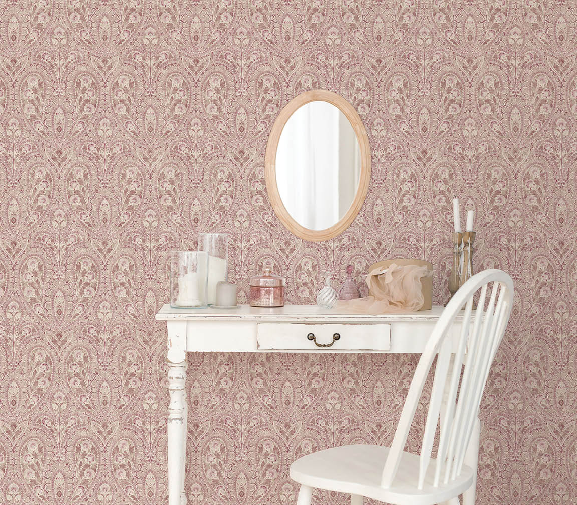 Dressing table with red and taupe paisley wallpaper