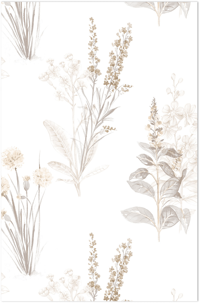 grey and beige florals on white wallpaper