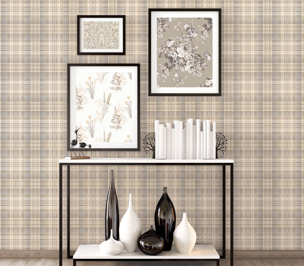 vignette with plaid wallpaper in browns and black