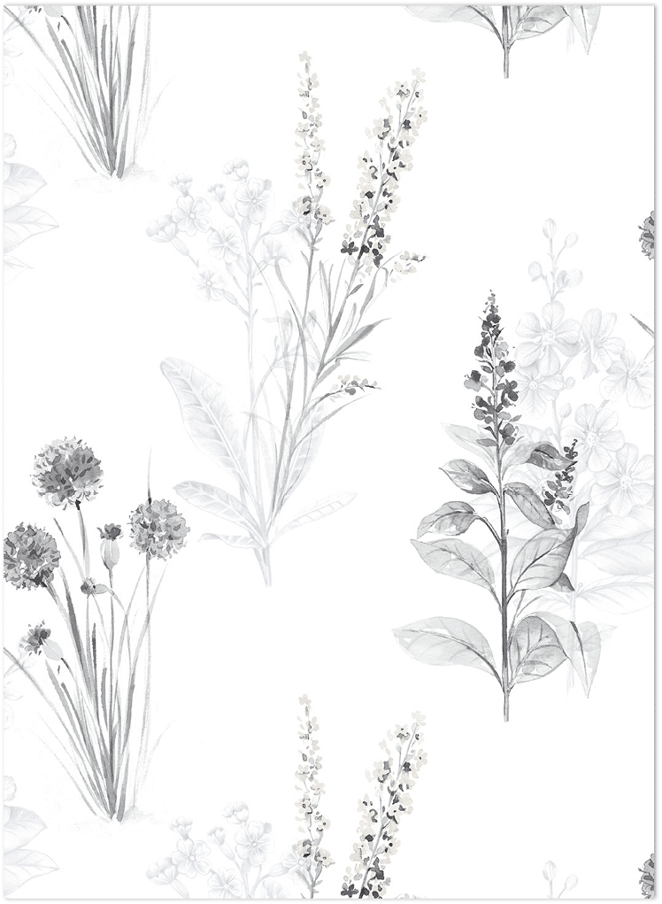 grey and black florals on white wallpaper