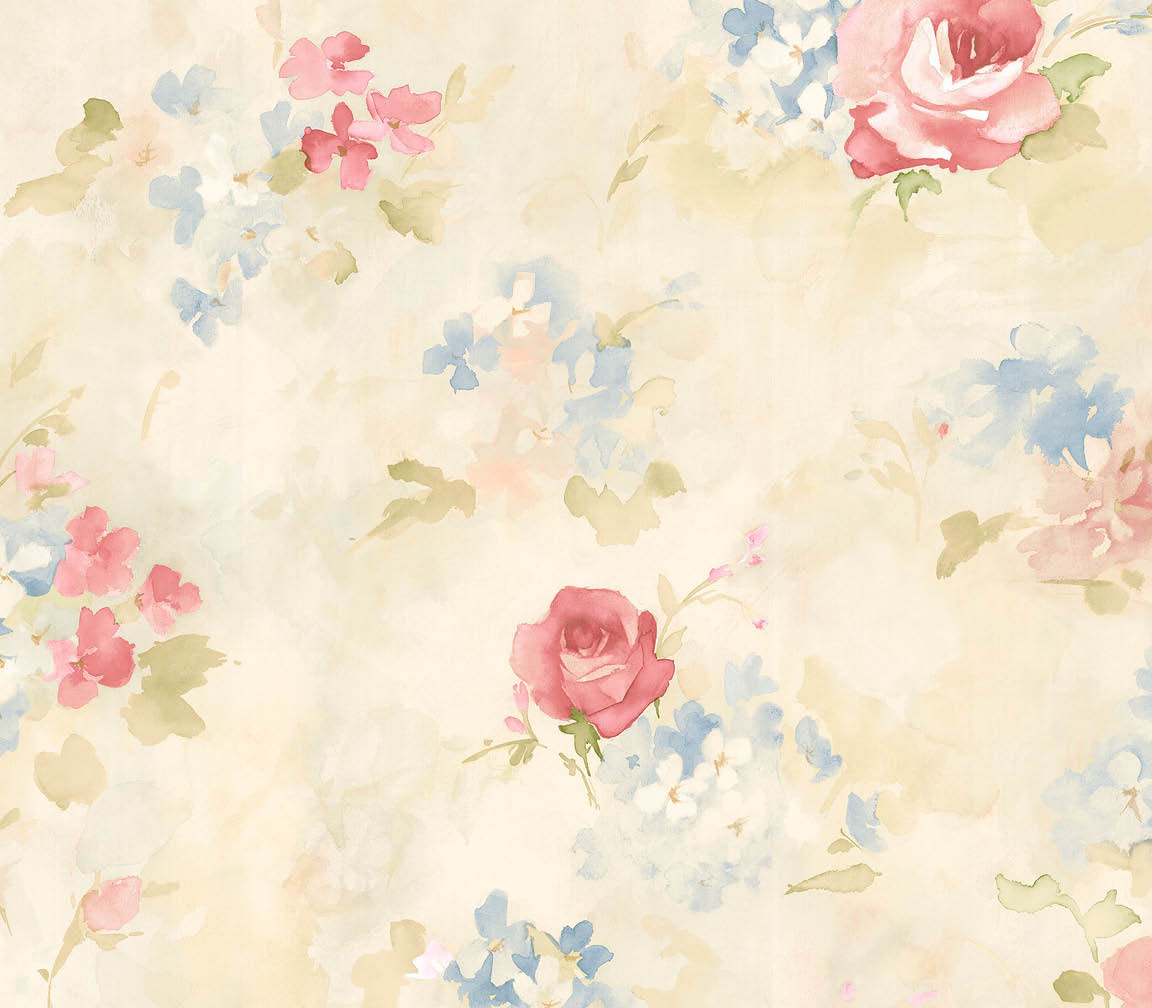 red blue and green florals on beige wallpaper