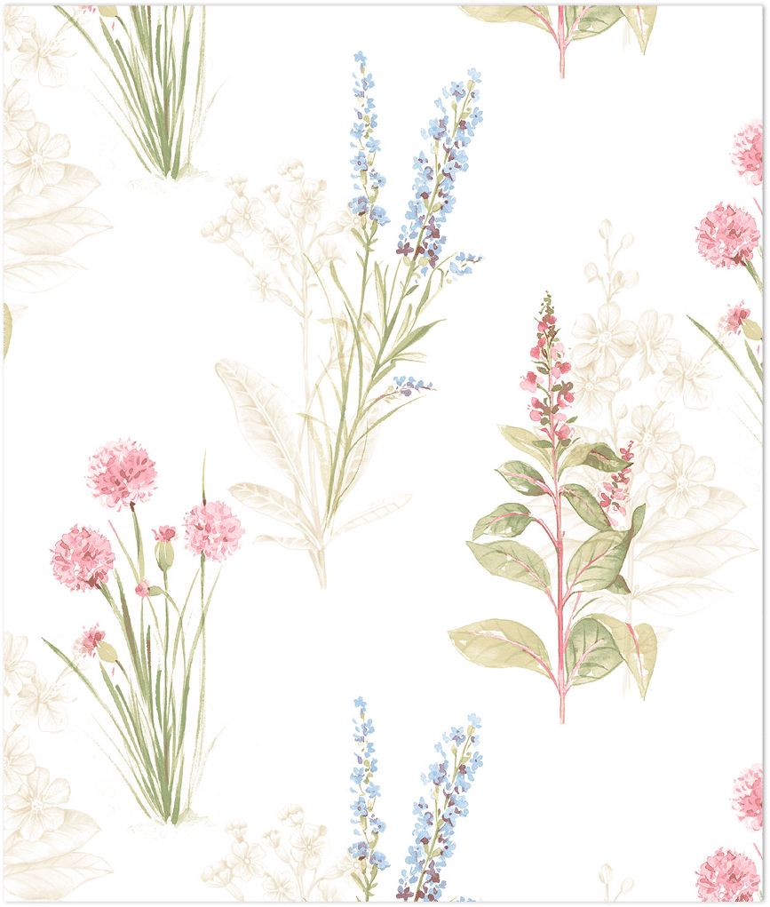 pink blue green beige florals on white wallpaper