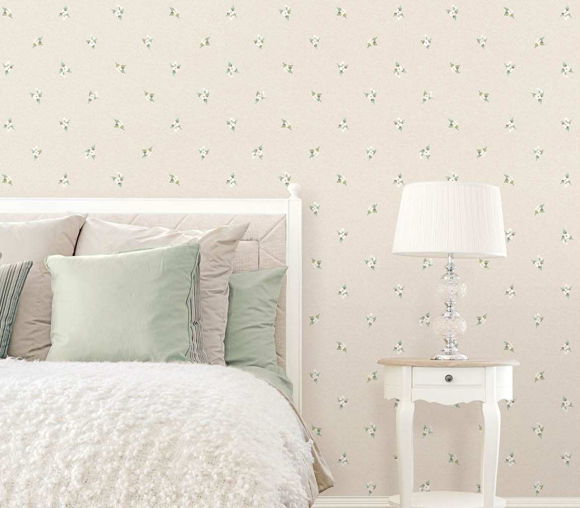 Bedroom with white and green flowers allover wallpaper