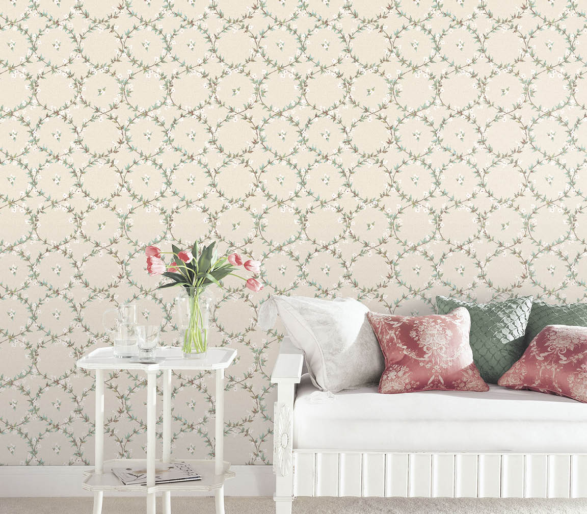 Living room with green, teal and taupe leaf wreath wallpaper