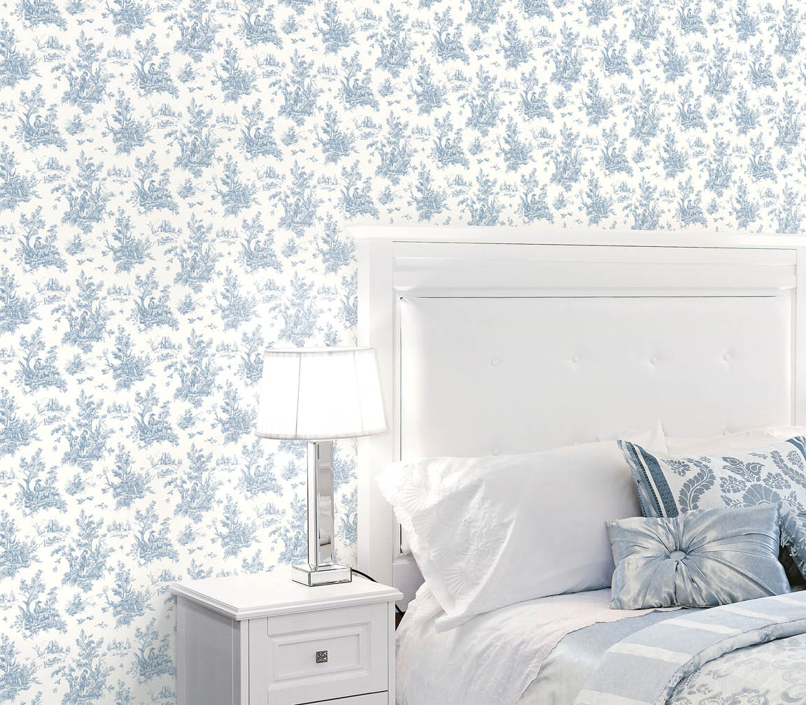 Bedroom with blue toile wallpaper 