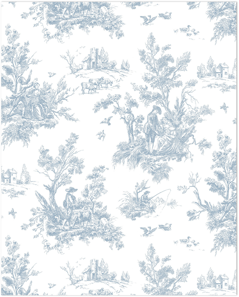 blue on white toile wallpaper