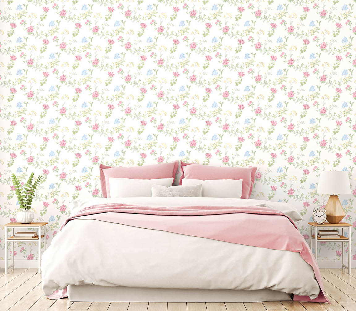 Modern bedroom with floral trail wallpaper in red, blue, yellow and green