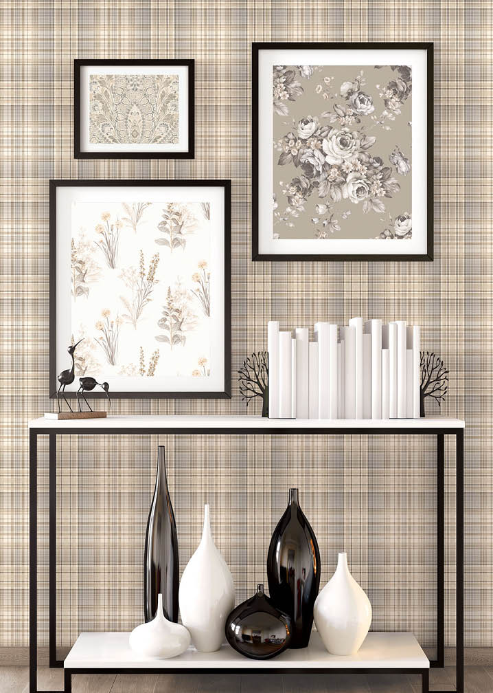 vignette with plaid wallpaper in browns and black