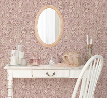 Dressing table with red and taupe paisley wallpaper