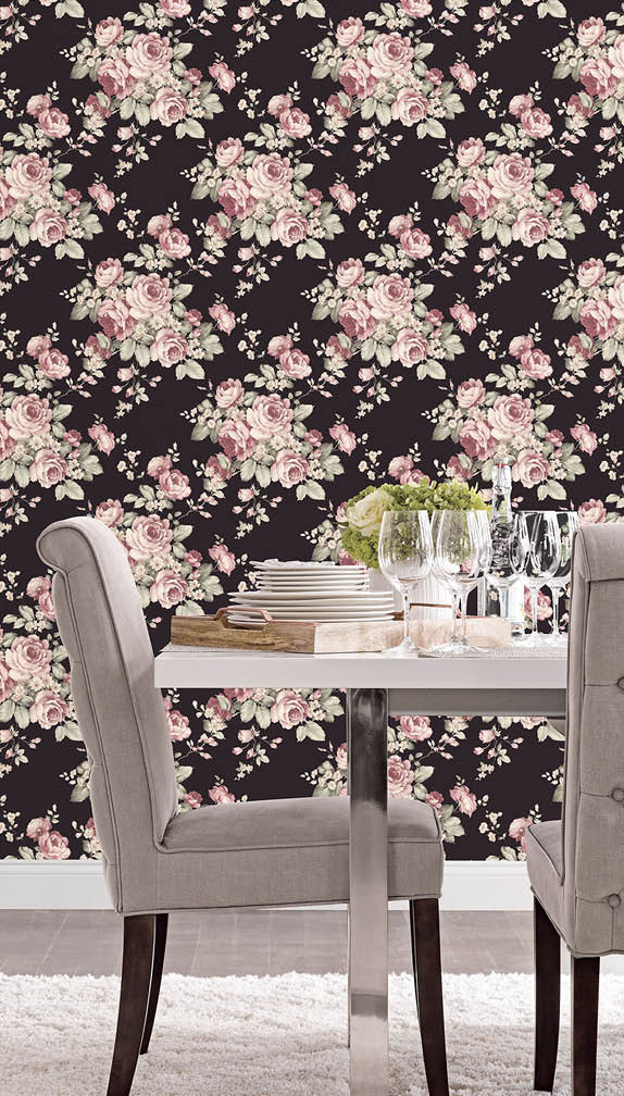 Dining room with black, pink and green floral bouquets wallpaper