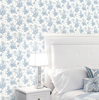 Bedroom with blue toile wallpaper 