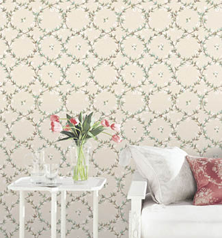 Living room with green, teal and taupe leaf wreath wallpaper