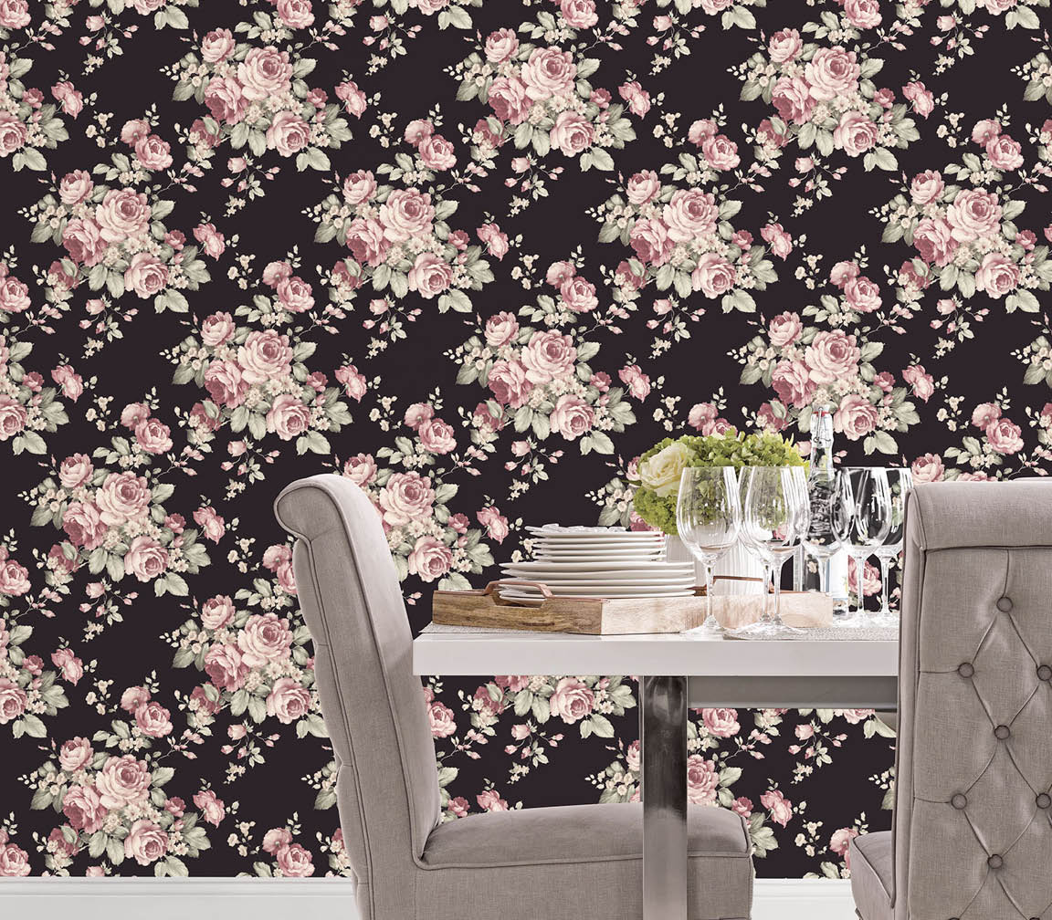 Dining room with black, pink and green floral bouquets wallpaper