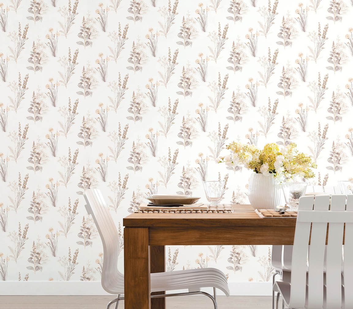 Botanical design in beige and taupe wallpaper in a modern dining room  14 Nov 2012 --- White chairs at wooden dining table --- Image by   Hero Images Corbis
