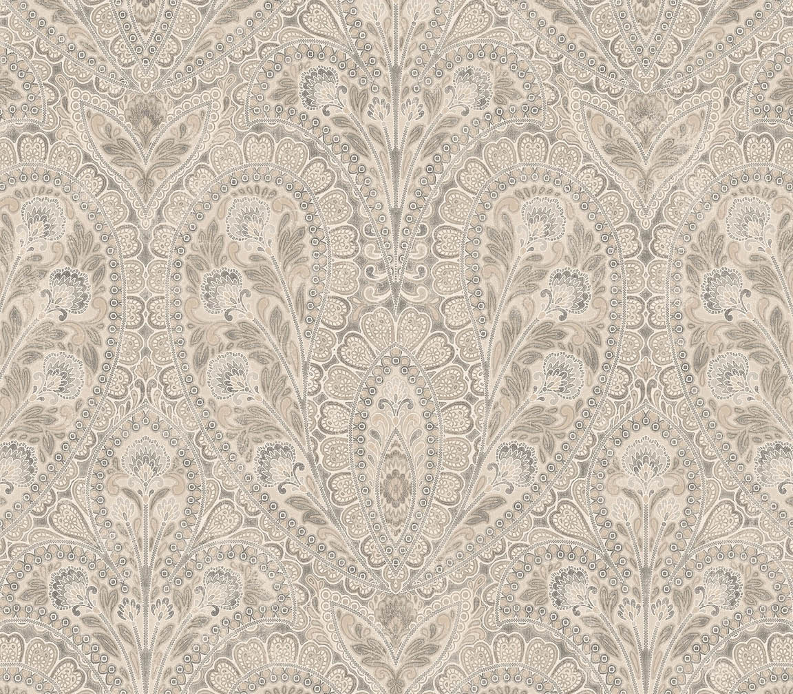 brown and grey ornamental paisley wallpaper