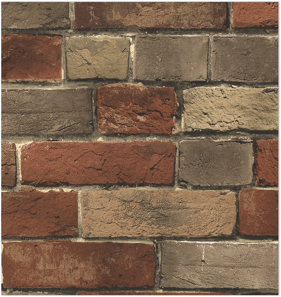faux brick in beige, greys and burnt orange wallpaper
