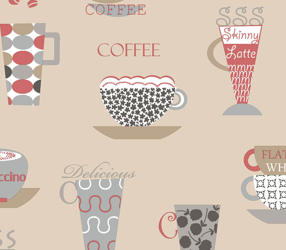 black red and beige novelty coffee cups on beige wallpaper