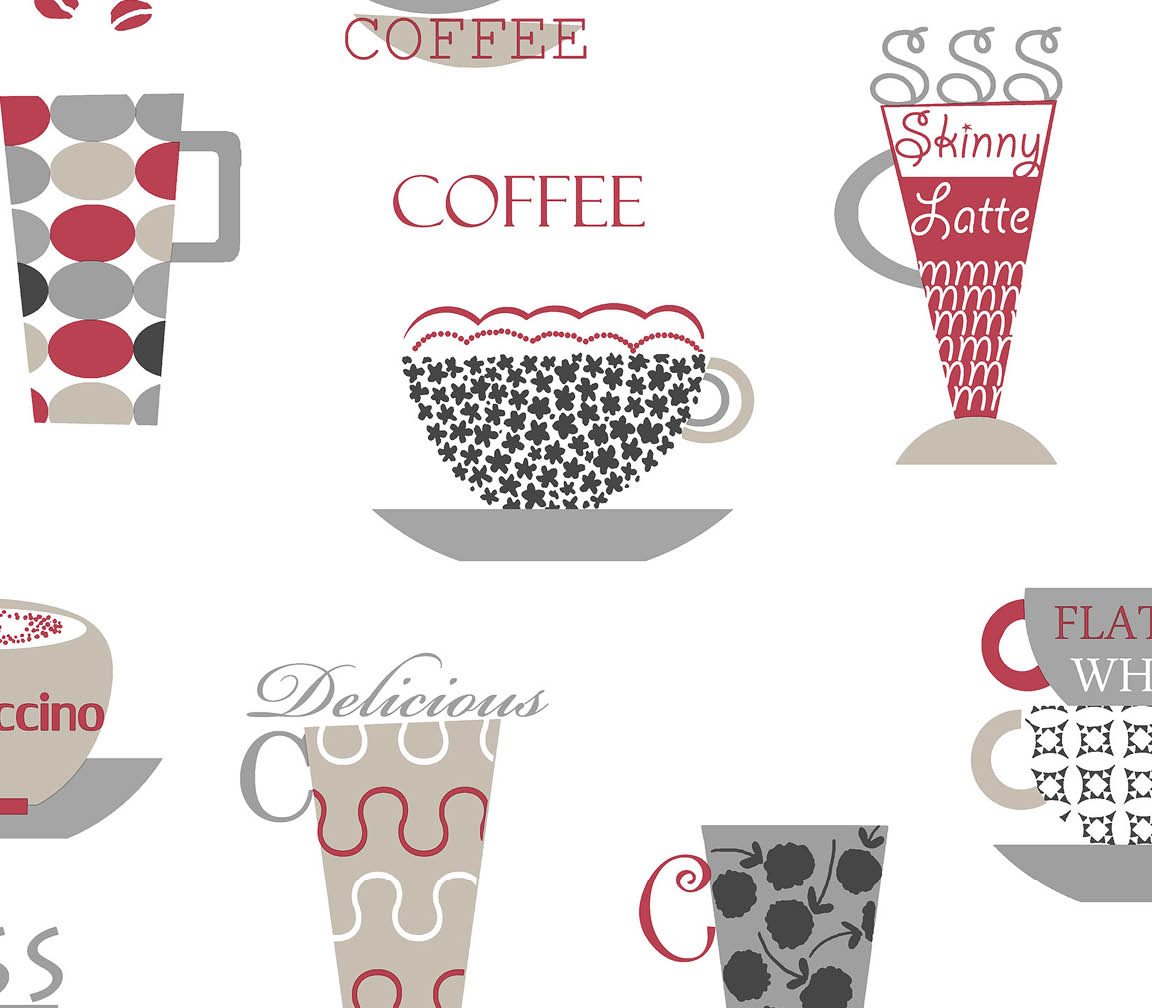red silver taupe and black novelty coffee cups on white wallpaper