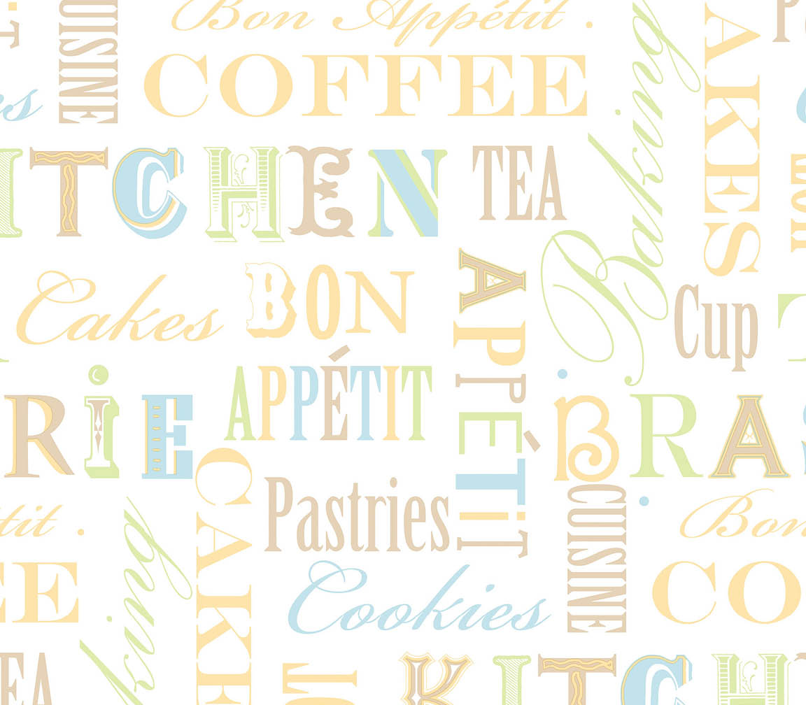 brown ochre green and blue kitchen words wallpaper