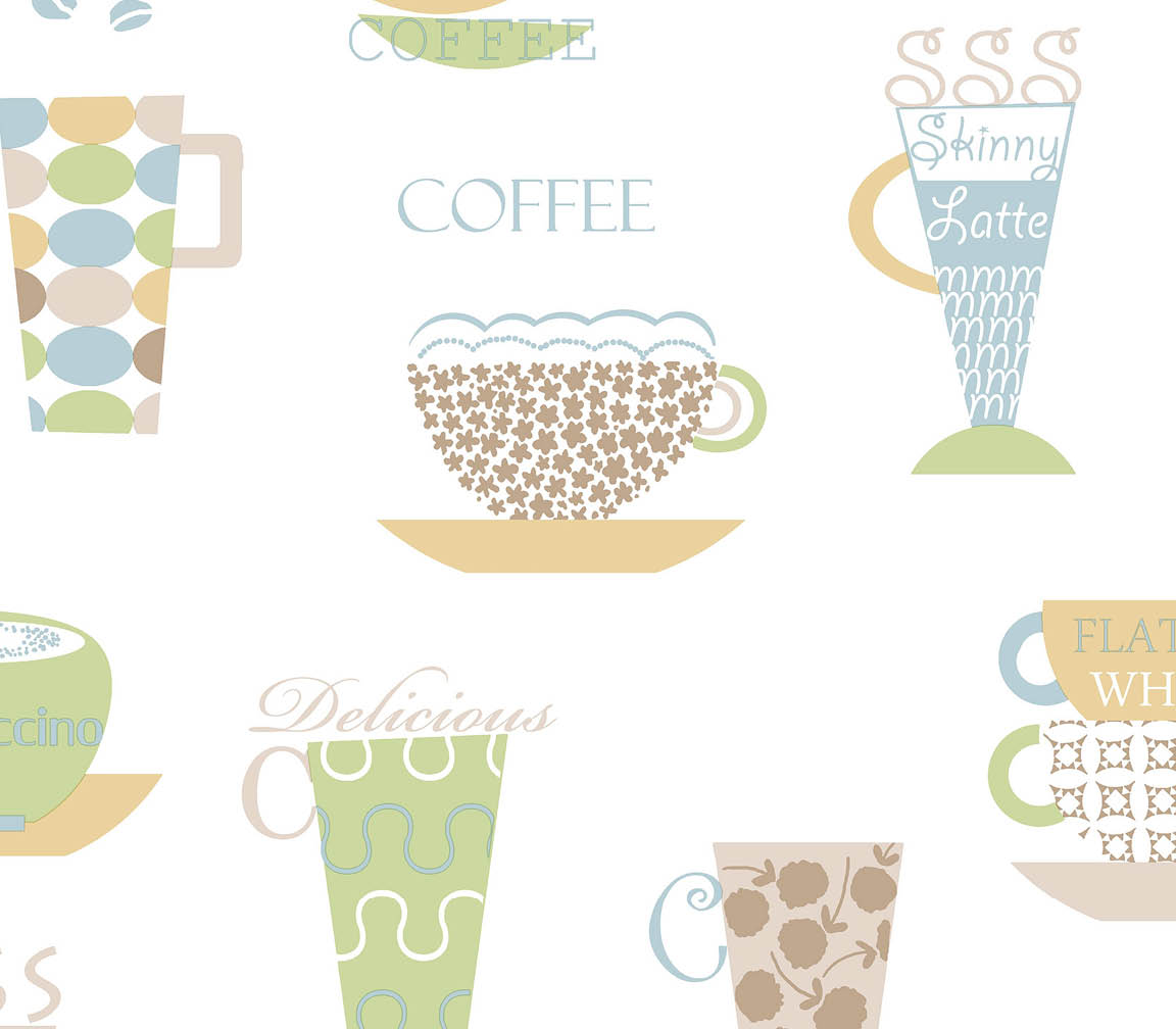 yellow blue green and brown novelty coffee cups on white wallpaper