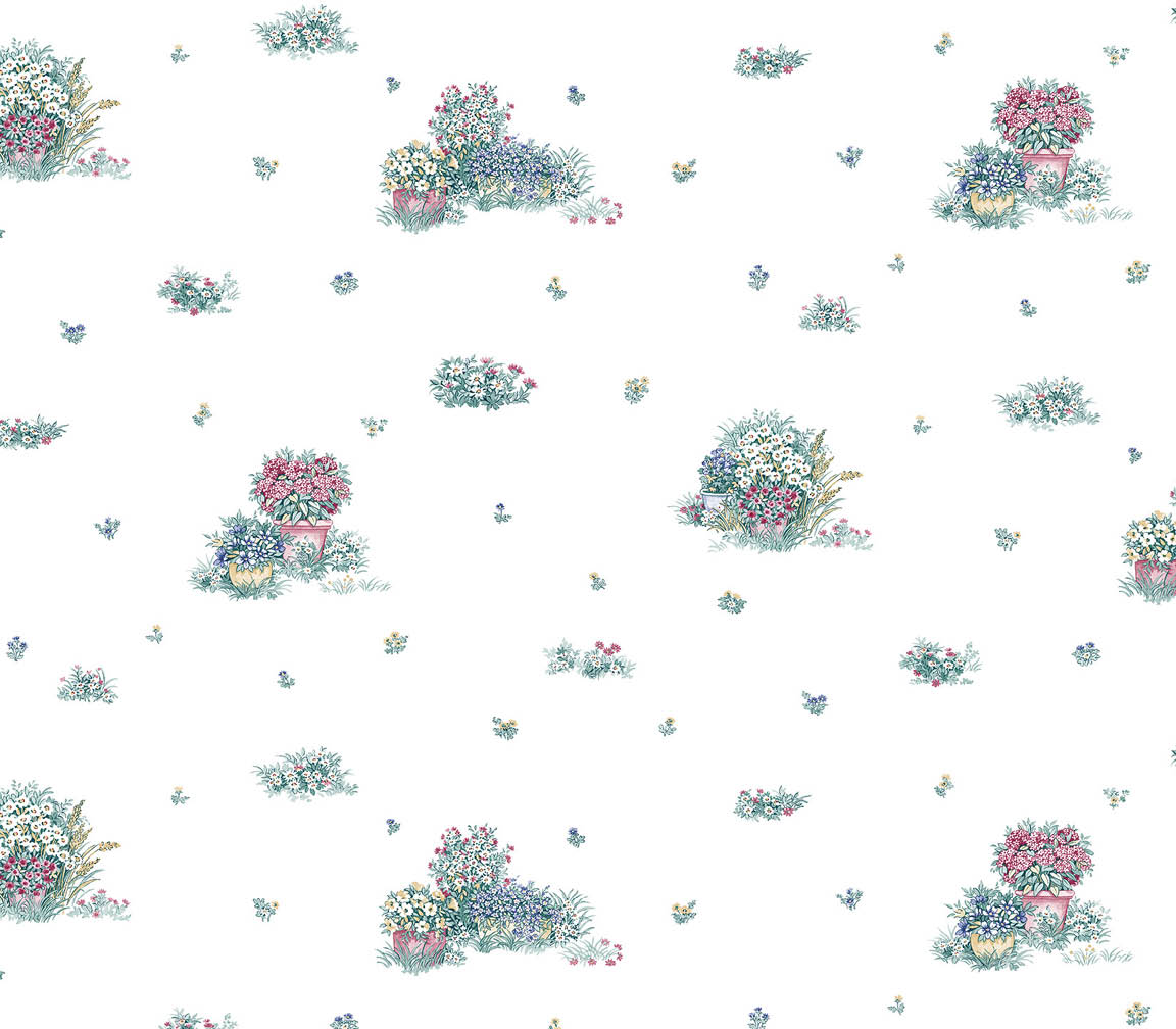 garden scenes allover in green and red wallpaper