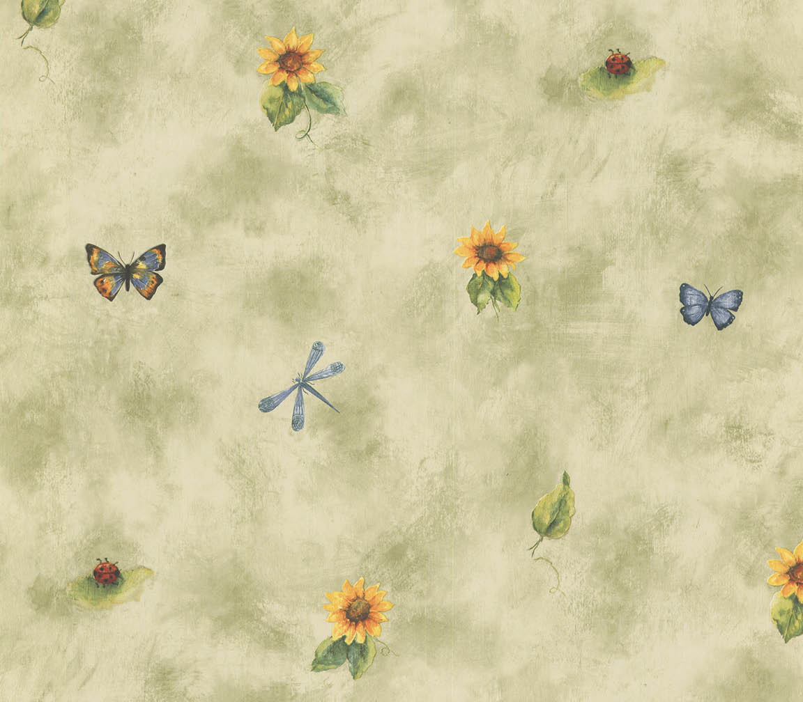 sunflower and butterfly allover in yellow and greens wallpaper