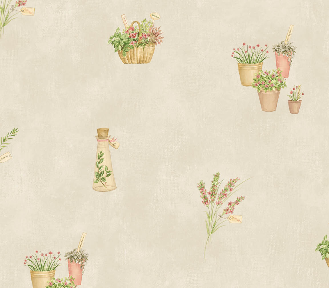 yellow red and green novelty herb on biege wallpaper