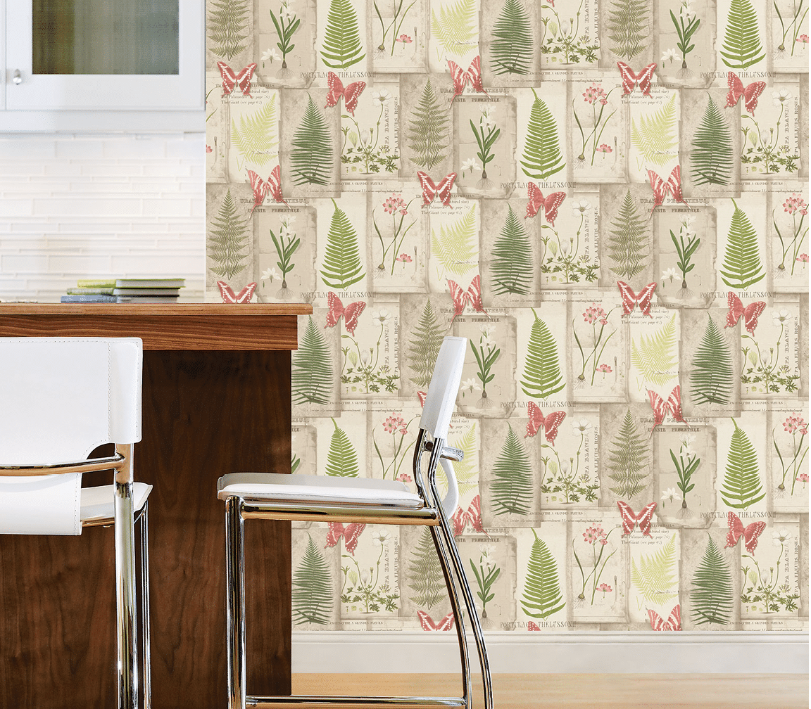Kitchen with botanical leaves wallpaper