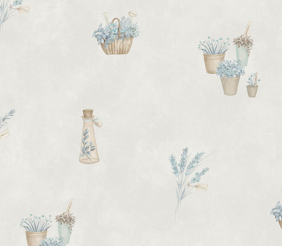 blue and taupe novelty herb wallpaper