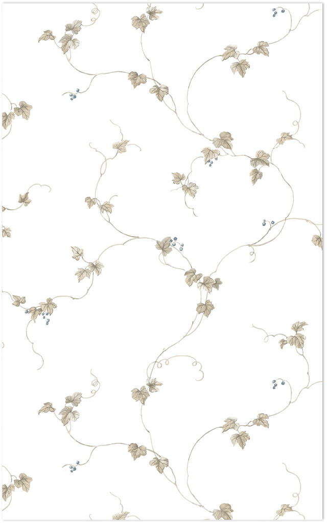 blue and taupe small berries trail on white wallpaper