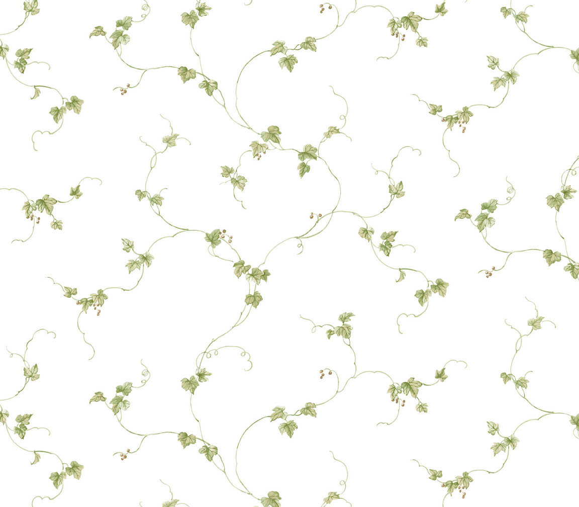 green and beige small berries trail on white wallpaper