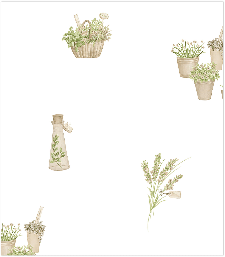 green and beige novelty herb on white wallpaper