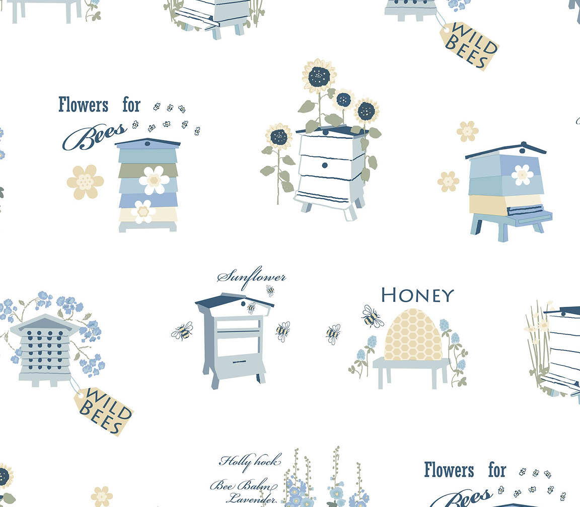 blue and yellow novelty beehive on white wallpaper