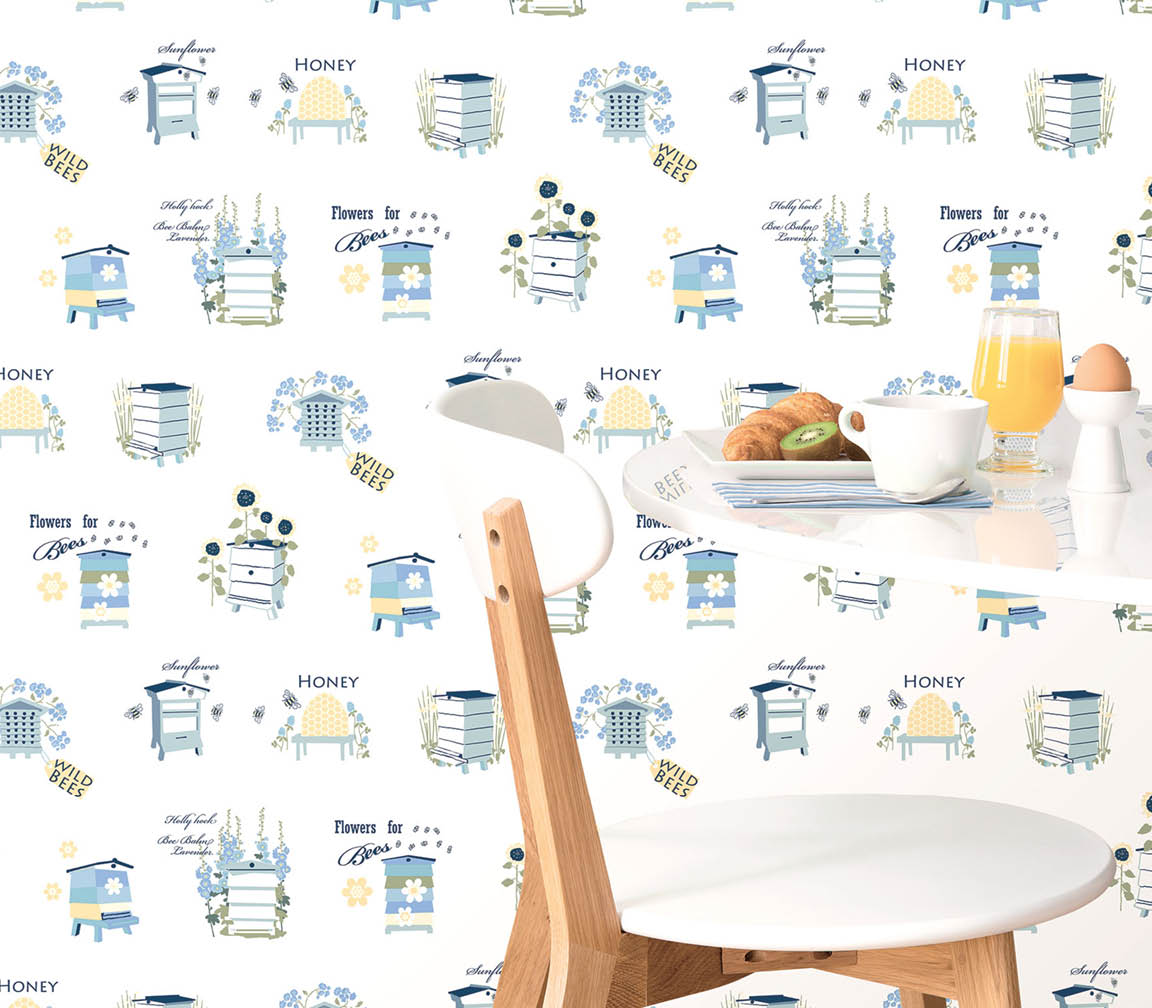 Kitchen eat in area with blue honey bee hives wallpaper
