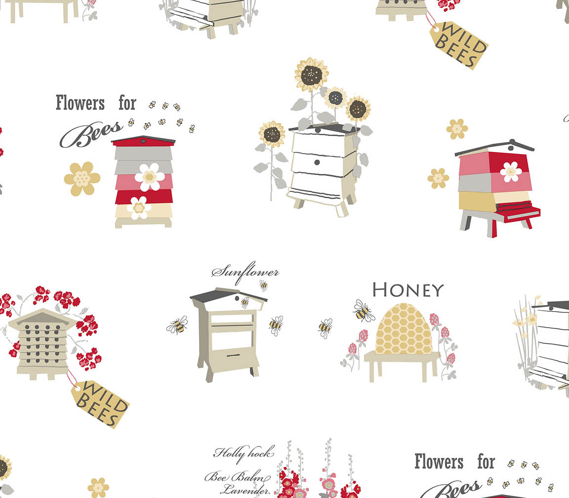 yellow red and black novelty beehive on white wallpaper