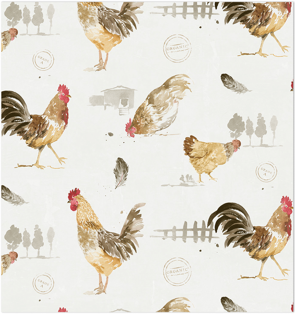 red black yellow and taupe roosters on white wallpaper