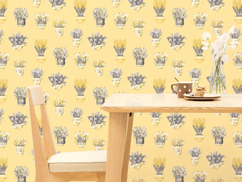 dining room with yellow and grey floral flower pots wallpaper