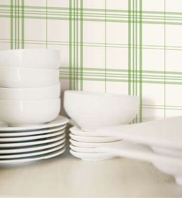 Dishes vignette with green and white plaid wallpaper   097