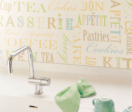 kitchen sink with backsplash - kitchen words wallpaper in blue green and ochre