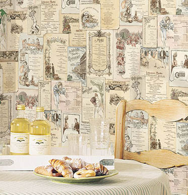 Kitchen eating area with menu wallpaper