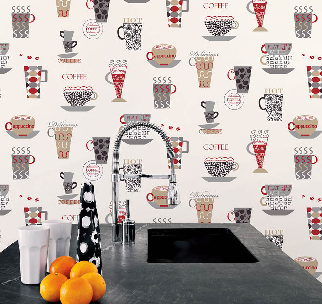kitchen vignette with red black taupe and grey coffee cups wallpaper