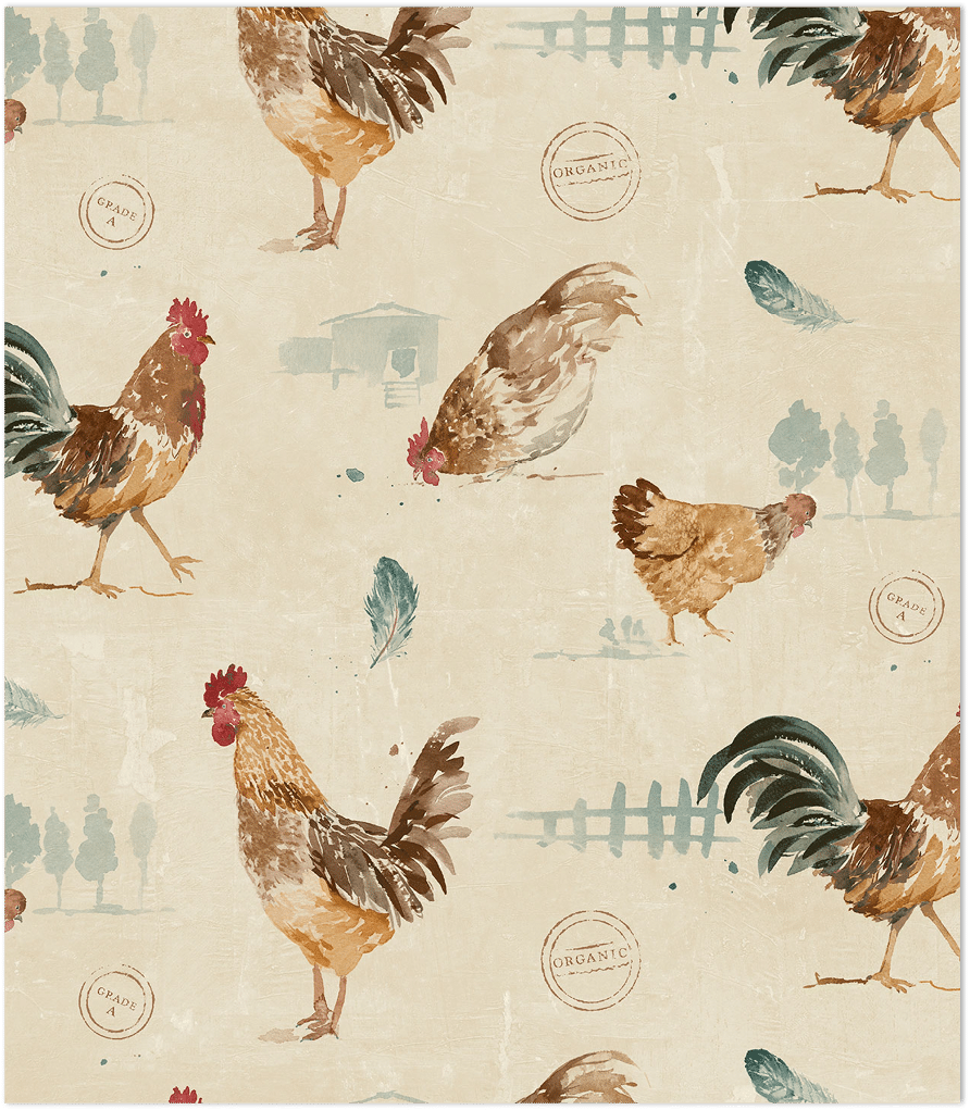 tan teal and orange roosters on beige wallpaper