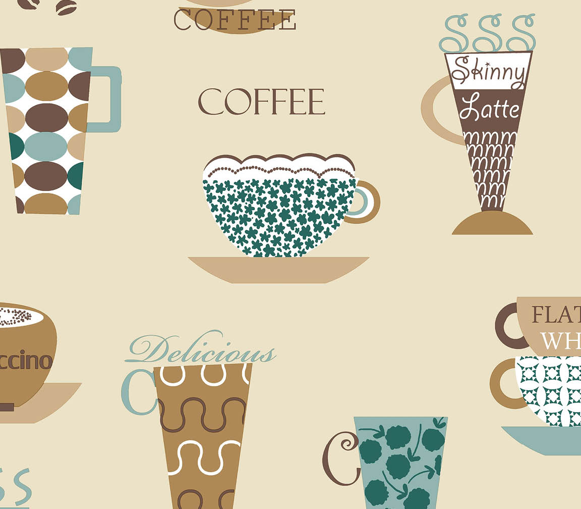 brown and teal novelty coffee cups on beige wallpaper