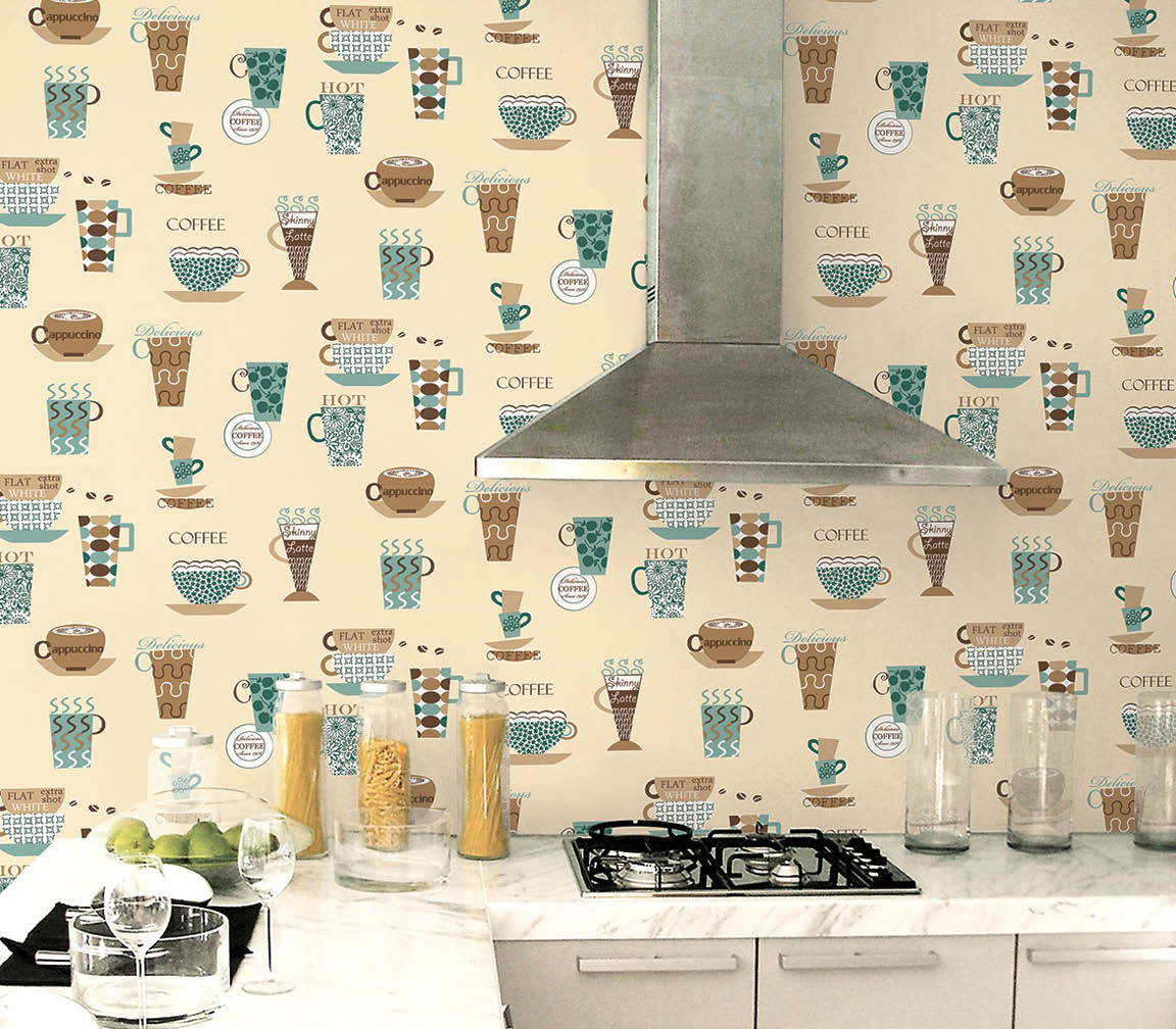 Kitchen with teal and brown coffee cups wallpaper