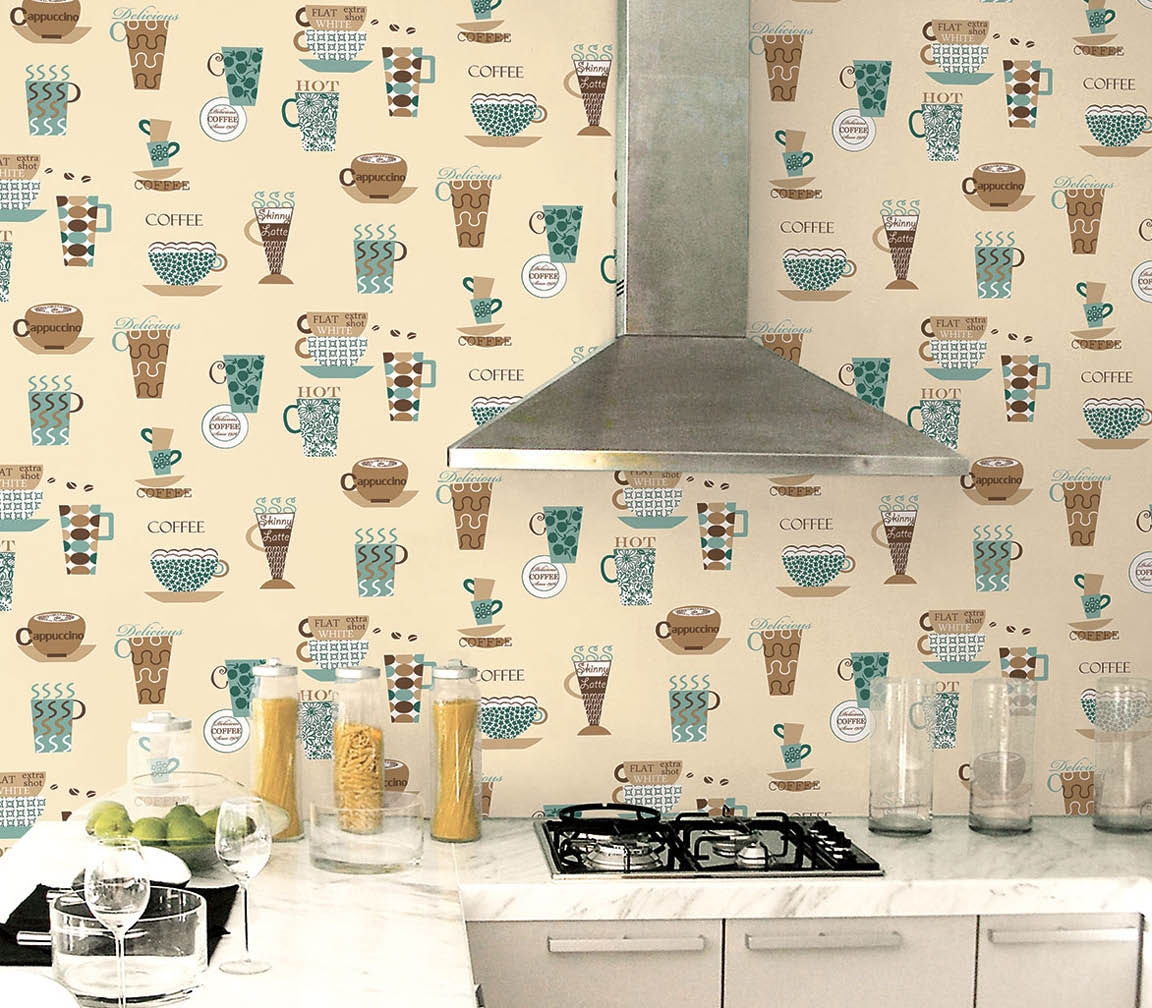 Kitchen with teal and brown coffee cups wallpaper