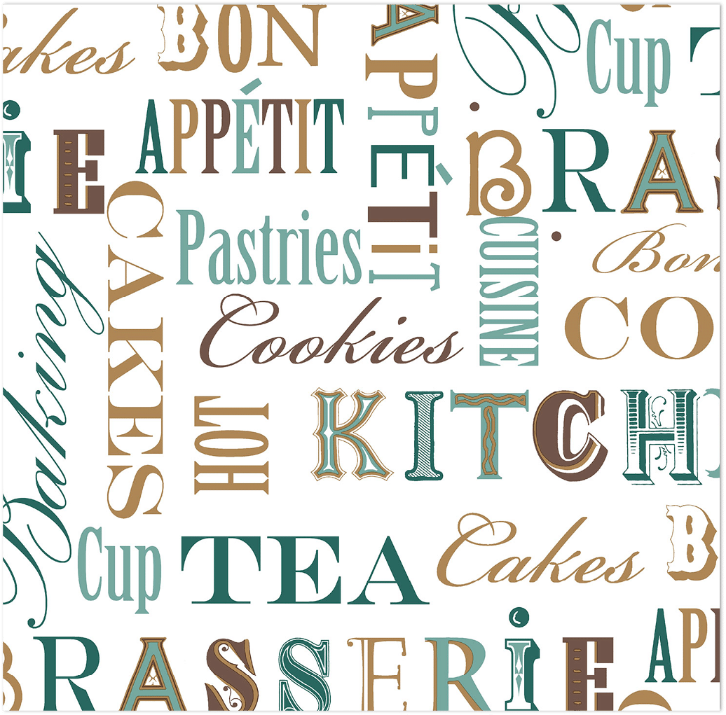 teal brown and beige kitchen script on white wallpaper