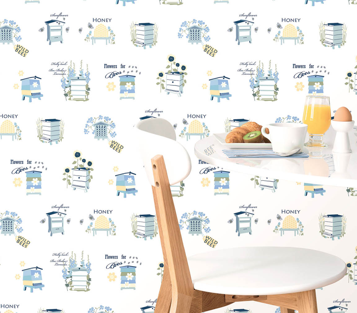 Kitchen eat in area with blue honey bee hives wallpaper