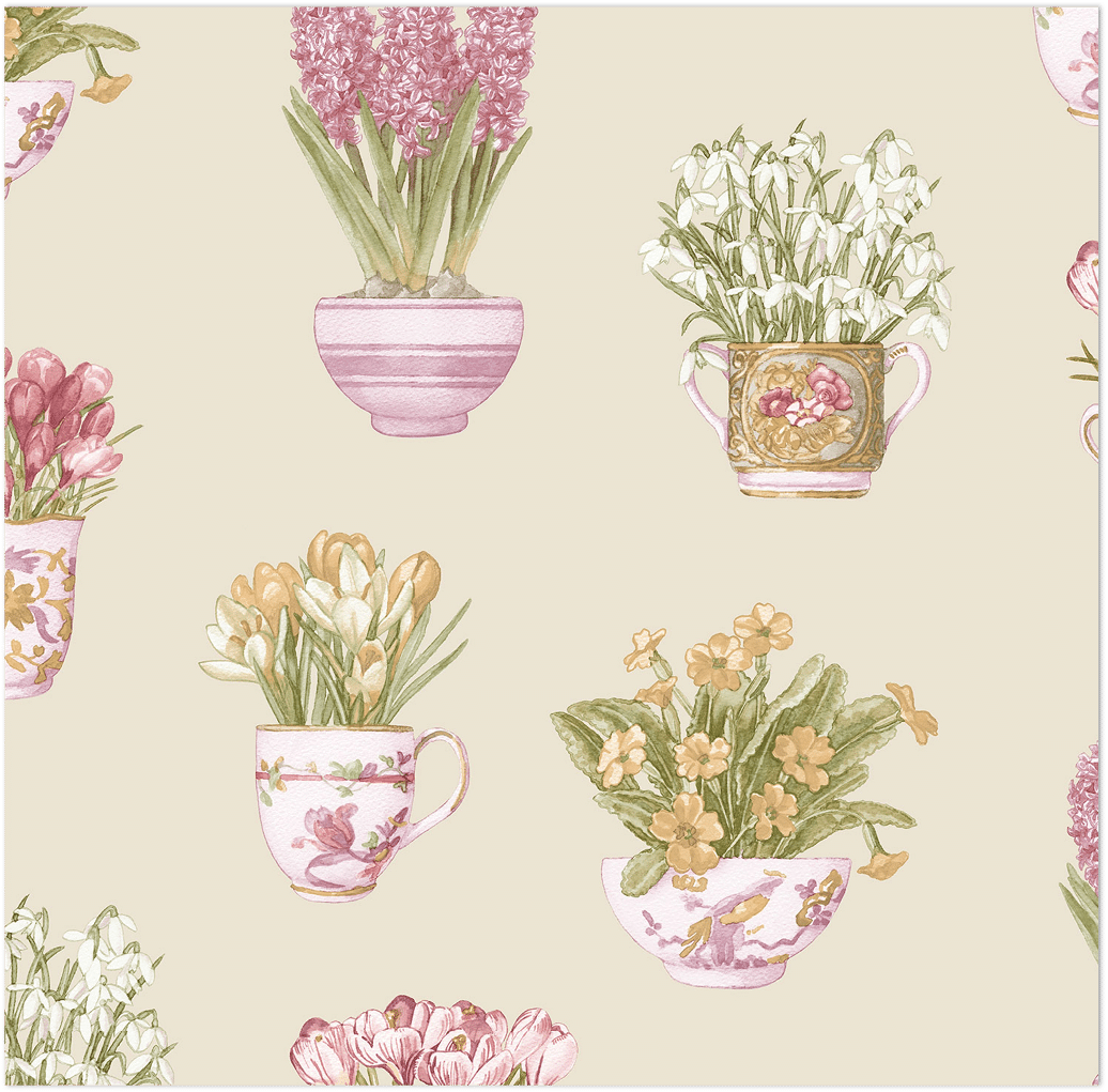 pink green and yellow floral pots allover on beige wallpaper