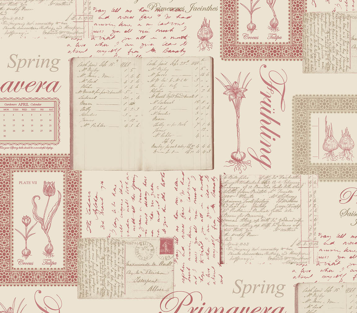 pink and green script on beige wallpaper