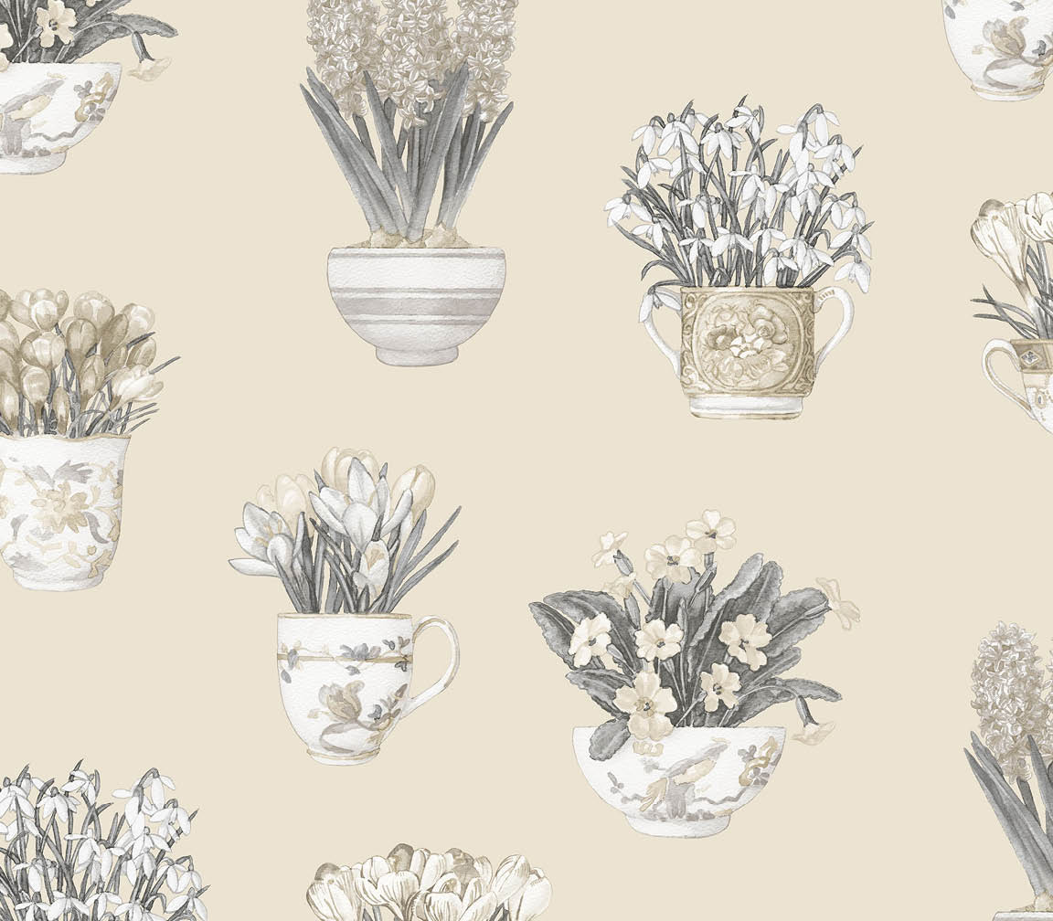 beige grey and black floral pots allover on beige wallpaper